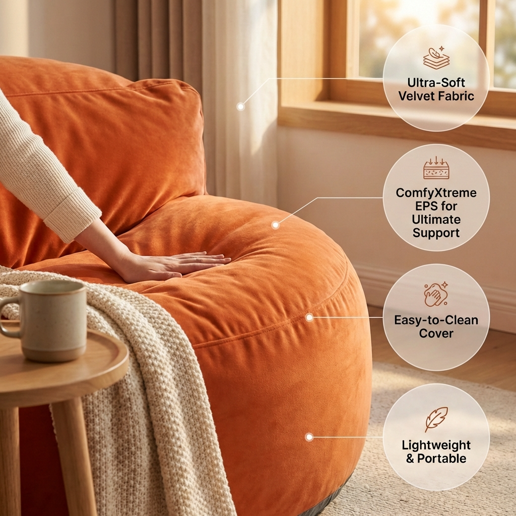 Fluwelen Zitzak Loveseat – Ronde Velvet Zitzak met EPS Vulling voor Woonkamer
