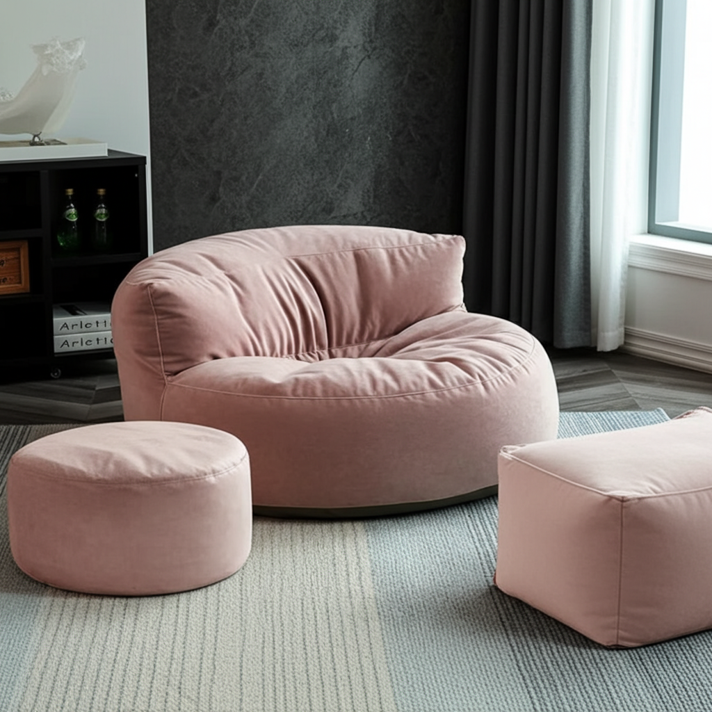 Fluwelen Zitzak Loveseat – Ronde Velvet Zitzak met EPS Vulling voor Woonkamer